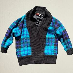 Vintage 1980s men’s blue plaid cardigan sweater shawl collar, retro prep grunge